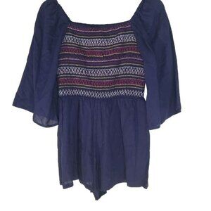 ANGIE Womens Romper Medium Off The Shoulder Bell Smocked Navy‎ Red Ethnic Tribal